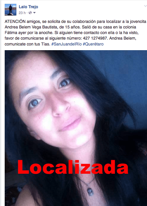 Localizan a jovencita desaparecida en San Juan del Río 1