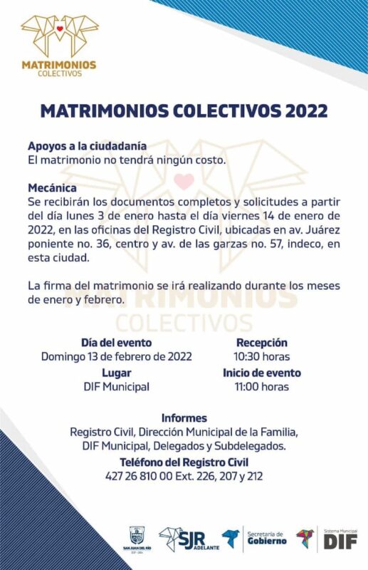 Inician registro para campaña de matrimonios colectivos en SJR