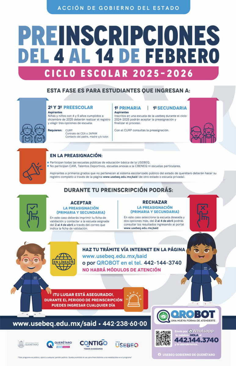 Abre USEBEQ preinscripciones para ciclo escolar 2025-2026 del 4 al 14 de febrero